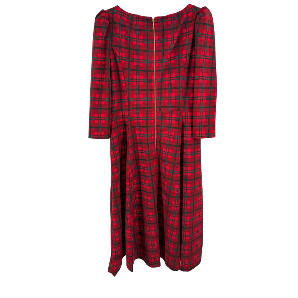 Calvin Klein Red and Green Plaid Midi Dress 3/4 sleeve puff shoulder holiday 16 - Picture 2 of 12